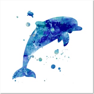 Navy Blue Dolphin Watercolor Painting Posters and Art